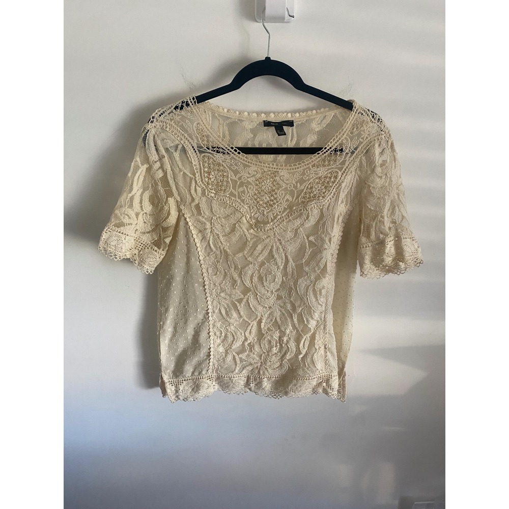 Sheer Lace Boho Blouse Cream‎ Short Sleeve Scalloped Trim Women's Top